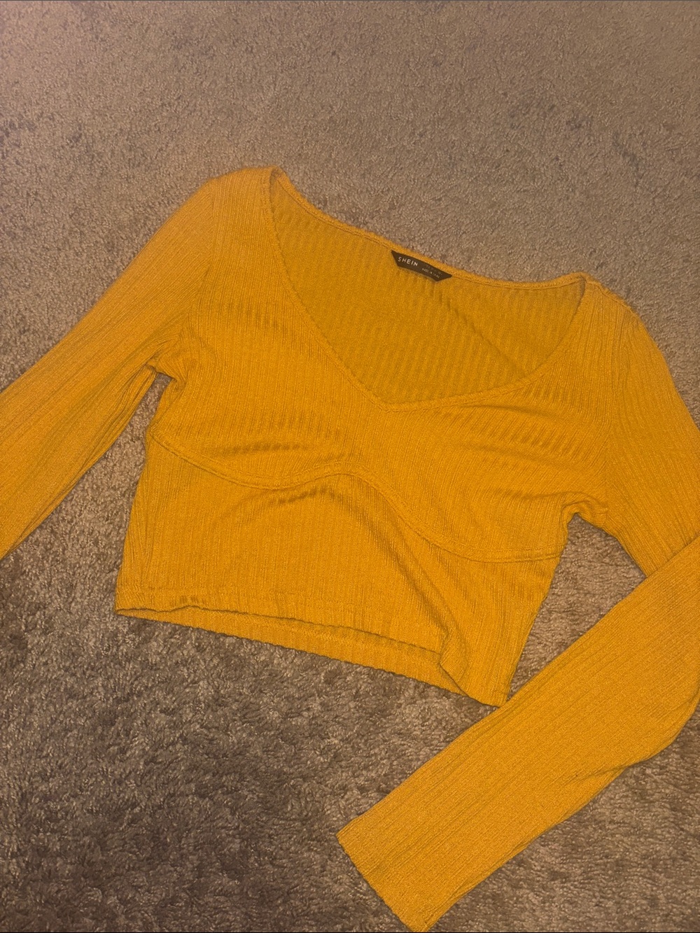 SHEIN Mustard Ribbed V-Neck Long Sleeve Crop Top
